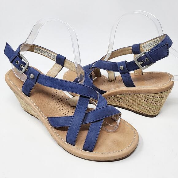 UGG Australia Wedge Sandal Women 9.5 Gaiana Blue Leather Strappy Woven Heel - Picture 1 of 11